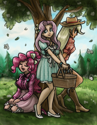 Size: 778x1000 | Tagged: safe, artist:king-kakapo, applejack, fluttershy, pinkie pie, human, g4, basket, beautiful, boots, clothes, cowboy hat, denim, dress, eyes closed, female, flower, hat, high heels, human female, humanized, kneeling, leaning, leaning back, light skin, open mouth, shoes, shorts, skirt, smiling, socks, stetson, suspenders, tree, trio, trio female