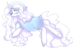 Size: 2053x1361 | Tagged: safe, artist:astralblues, oc, oc only, oc:silent echo, pony, unicorn, clothes, female, mare, nightgown, one eye closed, simple background, solo, white background, wink