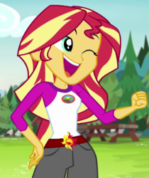 Size: 484x577 | Tagged: safe, screencap, sunset shimmer, equestria girls, g4, my little pony equestria girls: legend of everfree, arms, breasts, bust, clothes, collar, cropped, female, fingers, hand, hand on hip, happy, legs, long hair, long sleeves, one eye closed, open mouth, open smile, sassy, shirt, smiling, solo, teenager, teeth