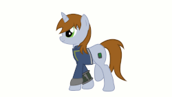 Size: 1280x720 | Tagged: safe, artist:trigger_movies, oc, oc only, oc:littlepip, pony, unicorn, fallout equestria, animated, clothes, eyes open, fanfic, fanfic art, female, gif, gift art, green eyes, jumpsuit, mare, pipbuck, simple background, solo, vault suit, walk cycle, walking, white background