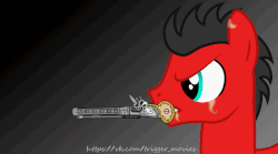 Size: 872x486 | Tagged: safe, artist:trigger_movies, oc, oc only, pony, animated, bullet, flintlock, gif, gift art, gun, handgun, male, mouth hold, solo, stallion, weapon