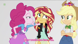 Size: 1280x720 | Tagged: safe, screencap, applejack, pinkie pie, sunset shimmer, equestria girls, equestria girls specials, g4, my little pony equestria girls: mirror magic, belt, button-up shirt, clothes, cowboy hat, denim skirt, geode of empathy, geode of super strength, hat, jacket, leather, magical geodes, mirror world, out of context, shirt, simple background, skirt, subtitles, teenager, teletoon, vest