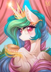 Size: 900x1257 | Tagged: safe, artist:margony, princess celestia, alicorn, pony, g4, beautiful, blushing, colored pupils, cup, female, food, looking at you, looking back, looking back at you, magic, mare, solo, tea, teacup, telekinesis