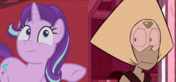 Size: 1350x630 | Tagged: safe, edit, edited screencap, screencap, starlight glimmer, gem (race), pony, unicorn, a royal problem, g4, barn, close-up, cropped, female, gem, looking up, mare, peridot, peridot (steven universe), pointing, steven universe, wide eyes