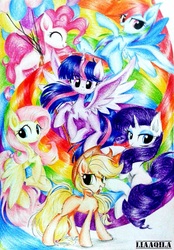 Size: 1262x1816 | Tagged: safe, artist:liaaqila, applejack, fluttershy, pinkie pie, rainbow dash, rarity, twilight sparkle, alicorn, earth pony, pegasus, pony, unicorn, g4, balloon, cute, looking at you, mane six, traditional art, twilight sparkle (alicorn)