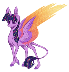 Size: 1512x1594 | Tagged: safe, artist:australian-senior, twilight sparkle, alicorn, classical unicorn, pony, g4, colored wings, colored wingtips, female, flat colors, horn, leonine tail, simple background, sketch, solo, twilight sparkle (alicorn), white background