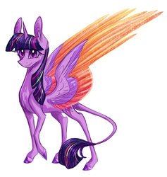 Size: 1512x1594 | Tagged: safe, artist:australian-senior, twilight sparkle, alicorn, classical unicorn, pony, g4, colored wings, colored wingtips, female, horn, leonine tail, shading, simple background, sketch, solo, twilight sparkle (alicorn), white background