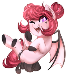 Size: 1024x1144 | Tagged: safe, artist:slasharu, oc, oc only, oc:blood garter, bat pony, pony, female, garter, heart, mare, one eye closed, simple background, solo, transparent background, wink