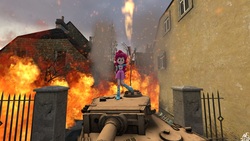 Size: 1920x1080 | Tagged: safe, artist:midnightstorm39, pinkie pie, equestria girls, g4, 3d, female, fire, flamethrower, house, solo, tank (vehicle), weapon