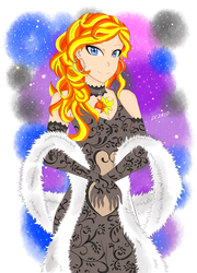 Size: 2512x3492 | Tagged: safe, artist:deeemperor, sunset shimmer, human, g4, beautiful, breasts, cleavage, clothes, dress, evening gloves, female, fur, fur boa, fur coat, futerko, futro, gloves, high res, humanized, long gloves, looking at you, smiling, solo
