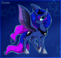 Size: 1030x985 | Tagged: safe, artist:esmeia, princess luna, alicorn, pony, g4, curved horn, cute, cute little fangs, ethereal mane, fangs, female, hoof shoes, horn, mare, peytral, solo, spread wings, starry mane, wings