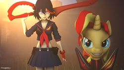 Size: 1920x1080 | Tagged: safe, artist:firesparky, sunset shimmer, human, pony, g4, 3d, ami koshimizu, crossover, kill la kill, ryuko matoi, voice actor joke