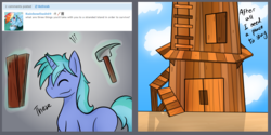 Size: 2452x1226 | Tagged: safe, artist:wulfanite, oc, oc only, oc:mimicry, pony, unicorn, ask, building, hammer, homunculus, house, island, ladder, nails, solo, treehouse, tumblr, wood