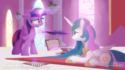 Size: 3840x2160 | Tagged: dead source, safe, artist:opticspectrum, princess celestia, twilight sparkle, alicorn, pony, g4, banner, book, column, crystal, floppy ears, high res, magic, prone, telekinesis, twilight sparkle (alicorn)