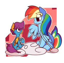 Size: 1970x1926 | Tagged: safe, artist:hedgehog-plant, rainbow dash, scootaloo, pegasus, pony, g4, abstract background, clothes, cloud, cute, cutealoo, dashabetes, duo, female, filly, mare, proud, scootaloo can fly, scootalove, uniform, wonderbolt scootaloo, wonderbolts uniform