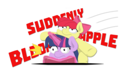 Size: 2211x1337 | Tagged: safe, artist:ljdamz1119, apple bloom, twilight sparkle, earth pony, pony, g4, book, caption, simple background, transparent background