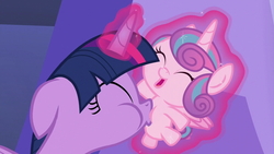 Size: 1280x720 | Tagged: safe, edit, edited screencap, screencap, princess flurry heart, twilight sparkle, alicorn, pony, a flurry of emotions, g4, my little pony: friendship is magic, auntie twilight, cute, diaperless edit, flurrybetes, magic, nude edit, nudity, raspberry, tummy buzz, twiabetes, twilight sparkle (alicorn)