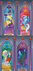 Size: 500x1072 | Tagged: safe, artist:andypriceart, derpy hooves, flam, flim, queen chrysalis, trixie, alicorn, flutter pony, pony, unicorn, g4, idw, alicornified, comic, dark mirror universe, equestria-3, eyeshadow, fairness, female, flim flam brothers, gavel, glasses, humility, love, makeup, mare, mirror universe, princess of humility, race swap, reversalis, stained glass, trixiecorn, underp, wisdom, yin-yang