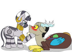 Size: 2338x1700 | Tagged: safe, artist:jolliapplegirl, discord, zecora, draconequus, zebra, g4, blushing, female, male, ship:zecord, shipping, simple background, story included, straight, white background