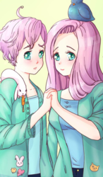 Size: 600x1024 | Tagged: safe, artist:161141, fluttershy, bird, human, g4, blushing, breasts, butterscotch, clothes, duo, holding hands, humanized, looking at you, rule 63, smiling