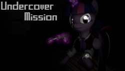 Size: 1920x1080 | Tagged: safe, artist:wiizzie, twilight sparkle, alicorn, pony, g4, 3d, clothes, darkness, female, glowing horn, gun, handgun, hooves, horn, levitation, magic, mare, necktie, pistol, solo, suppressor, telekinesis, text, twilight sparkle (alicorn), vest, watch, weapon, wings, wristwatch