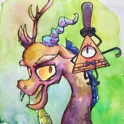 Size: 2791x2776 | Tagged: safe, artist:awk44, discord, draconequus, g4, abstract background, bill cipher, bust, crossover, duo, duo male, gravity falls, grin, hat, high res, looking at you, male, portrait, smiling, top hat, traditional art