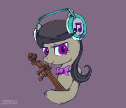 Size: 1400x1200 | Tagged: safe, artist:awk44, octavia melody, earth pony, pony, g4, bust, cello, female, headphones, implied lesbian, implied scratchtavia, implied shipping, looking at you, mare, musical instrument, portrait, purple background, simple background, smiling, solo