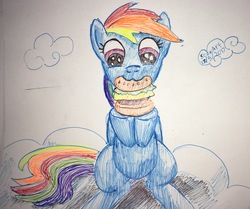 Size: 3129x2612 | Tagged: safe, artist:bbqninja501st, rainbow dash, pegasus, pony, g4, :3, burger, cloud, female, food, high res, hoof hold, mare, nom, sitting, solo, traditional art