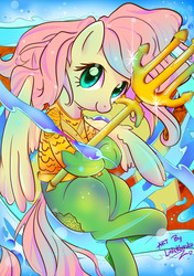 Size: 1024x1453 | Tagged: safe, artist:kumikoponylk, fluttershy, pegasus, pony, g4, adventurer, aquaman, arthur curry, crossover, female, happy, looking at you, smiling, solo, trident, turquoise eyes, underwater, water