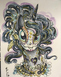 Size: 1080x1350 | Tagged: safe, artist:sara richard, princess luna, pony, g4, catrina (calavera garbancera), dia de los muertos, face paint, female, solo, traditional art