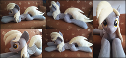 Size: 2853x1308 | Tagged: safe, artist:littlefairyswonders, derpy hooves, pony, g4, irl, life size, photo, plushie, prone, solo