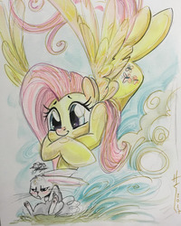 Size: 1080x1349 | Tagged: safe, artist:sararichard, angel bunny, fluttershy, pegasus, pony, rabbit, g4, duo, flying, grumpy, traditional art, watercolor painting