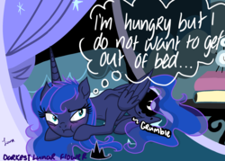 Size: 4823x3445 | Tagged: safe, artist:darkest-lunar-flower, princess luna, alicorn, pony, g4, :i, absurd resolution, bags under eyes, blushing, concave belly, cute, female, folded wings, hungry, luna's room, lunabetes, mare, morning ponies, prone, solo, starvation, starving, stomach noise, thin, thought bubble, tired, wings