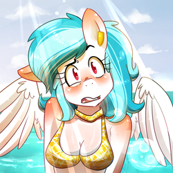 Size: 1000x1000 | Tagged: safe, artist:lucidlarceny, oc, oc only, oc:squeaky clean, pegasus, anthro, bikini, bikini top, breasts, clothes, colored pupils, ear piercing, female, floppy ears, piercing, raised eyebrow, solo, sunburn, swimsuit, this will end in pain, wing fluff