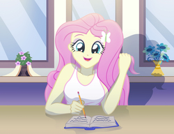 Size: 2432x1870 | Tagged: safe, artist:sumin6301, fluttershy, equestria girls, g4, book, clothes, cute, female, hairpin, happy, notebook, open mouth, open smile, pencil, playing with hair, reading, shyabetes, smiling, solo, studying, tank top, teenager