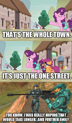 Size: 500x844 | Tagged: safe, edit, edited screencap, screencap, amethyst skim, flower flight, ivy vine, scootaloo, sugar belle, sunny song, pony, g4, hard to say anything, blood gulch, imgflip, lavernius tucker, leonard church, meme, our town, red vs blue, rvb, screencap comic, shimmering spectacles