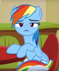 Size: 527x639 | Tagged: safe, screencap, rainbow dash, pony, flutter brutter, g4, chair, cropped, female, looking at you, mare, sitting, solo