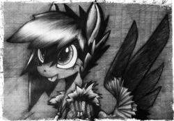 Size: 1848x1284 | Tagged: safe, artist:unitoone, oc, oc only, oc:star sky, pegasus, pony, bomber jacket, clothes, female, grayscale, jacket, monochrome, solo, spread wings, tongue out, traditional art, wings