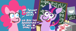 Size: 805x334 | Tagged: safe, artist:threetwotwo32232, pinkie pie, twilight sparkle, pony, g4, book, chalkboard, comic, dialogue, i want to believe, math, poster, potion