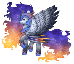 Size: 1024x882 | Tagged: safe, artist:northlights8, daybreaker, nightmare moon, alicorn, pony, a royal problem, g4, armor, equestria is doomed, female, fusion, gem, grin, jewelry, raised hoof, regalia, simple background, smiling, solo, the end is neigh, transparent background, xk-class end-of-the-world scenario