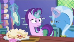 Size: 1280x720 | Tagged: safe, screencap, starlight glimmer, trixie, pony, unicorn, all bottled up, g4, cup, discovery family logo, eyes closed, floppy ears, food, icing bag, levitation, magic, open mouth, raised eyebrow, smiling, teacakes, teacup, telekinesis