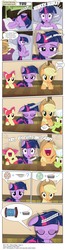 Size: 3419x13154 | Tagged: safe, artist:perfectblue97, apple bloom, applejack, granny smith, twilight sparkle, earth pony, pony, comic:without magic, g4, absurd resolution, bed, biscuits, blank flank, comic, earth pony twilight, floppy ears, gasp, gravy, lying down, on back, pillow, sleeping, speech bubble, startled, sweet apple acres, yelling