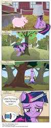 Size: 3419x8519 | Tagged: safe, artist:perfectblue97, apple bloom, twilight sparkle, earth pony, pig, pony, comic:without magic, g4, absurd resolution, apple, apple tree, applebucking, bed, blank flank, bucket, comic, earth pony twilight, eyes closed, food, rope, sweet apple acres, tired eyes, tree, upside down