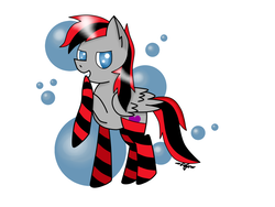 Size: 1280x960 | Tagged: safe, artist:luriel maelstrom, oc, oc only, oc:shadow dark-heart, pony, blue eyes, bubble, clothes, colored, cute, raised hoof, red and black oc, simple background, socks, solo, striped socks, two toned mane, white background