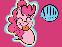 Size: 540x405 | Tagged: safe, artist:trimara, pinkie pie, pony, g4, bust, exclamation point, eyes closed, female, pink background, portrait, simple background, solo, tongue out
