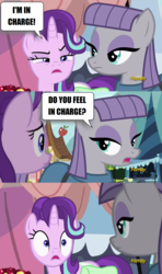 Size: 1275x2151 | Tagged: safe, edit, edited screencap, screencap, maud pie, starlight glimmer, pony, g4, rock solid friendship, am i?, baneposting, discovery family logo, the dark knight rises