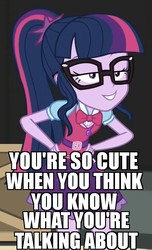 Size: 489x804 | Tagged: safe, edit, edited screencap, screencap, sci-twi, twilight sparkle, equestria girls, equestria girls specials, g4, movie magic, belt, bowtie, clothes, cropped, female, geode of telekinesis, glasses, hand on hip, image macro, lidded eyes, magical geodes, meme, ponytail, reaction image, skirt, smug, solo
