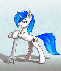 Size: 1700x2000 | Tagged: safe, artist:o0o-bittersweet-o0o, oc, oc only, oc:shifting gear, pony, unicorn, looking at you, male, smiling, solo, standing, wrench