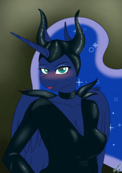 Size: 4961x7016 | Tagged: safe, artist:wolfmask, princess luna, anthro, g4, absurd resolution, blushing, breasts, busty princess luna, clothes, cosplay, costume, crossover, female, lipstick, maleficent, solo