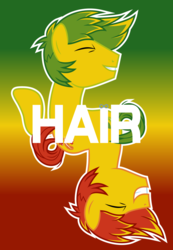 Size: 1001x1445 | Tagged: safe, artist:cloudy glow, feather bangs, earth pony, pony, g4, hard to say anything, eyes closed, male, smiling, solo, stallion, text